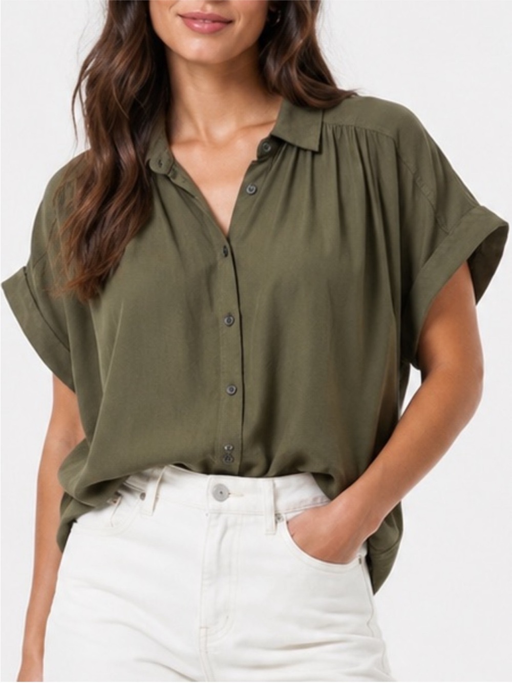 Madewell | Kale Green Central Drapey Buttoned Oversized Shirt Blouse Sz L